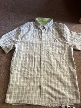 Under Armour Light Green and White Plaid Short-Sleeve Button-Down Shirt